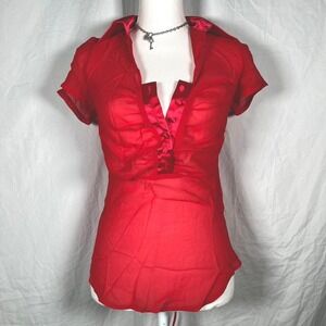 y2k deadstock red mesh sheer blouse with corset style back